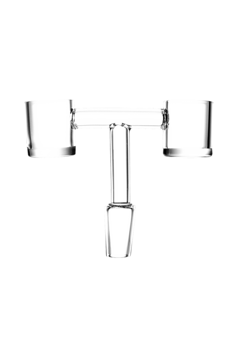 Front view of the Double Barrel Dual Quartz Banger, a 14.5mm male with two clear quartz inserts visible within its cylindrical shape.