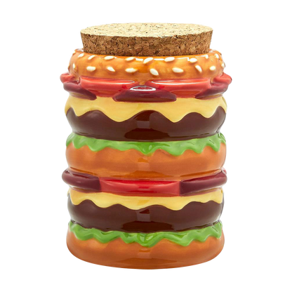 Front view of the Roast & Toast Double Cheeseburger Ceramic Stash Jar, resembling a stacked burger with a textured lid.