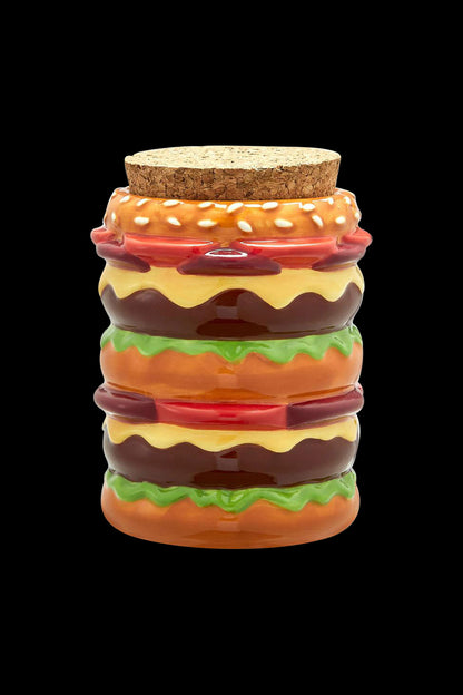 Front view of the Roast & Toast Double Cheeseburger Ceramic Stash Jar, resembling a stacked burger with a cork lid.