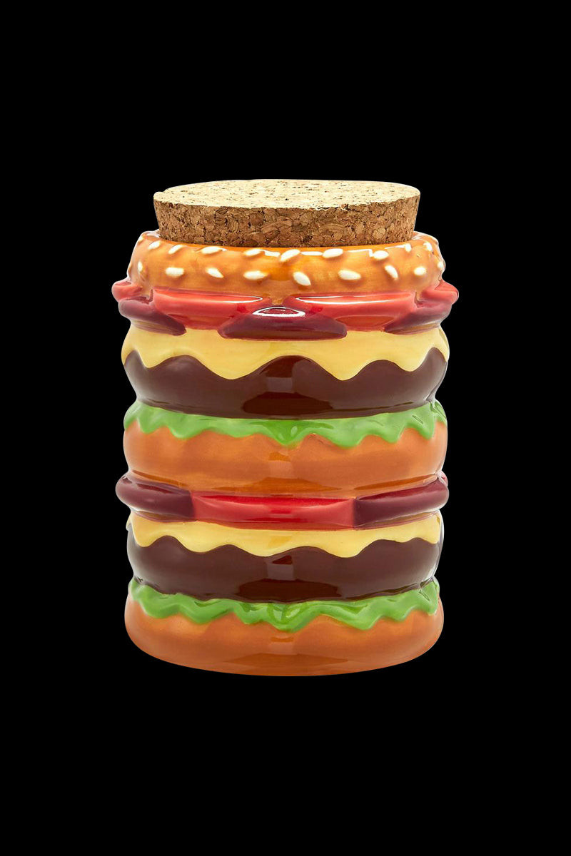 Front view of the Roast & Toast Double Cheeseburger Ceramic Stash Jar, resembling a stacked burger with a cork lid.