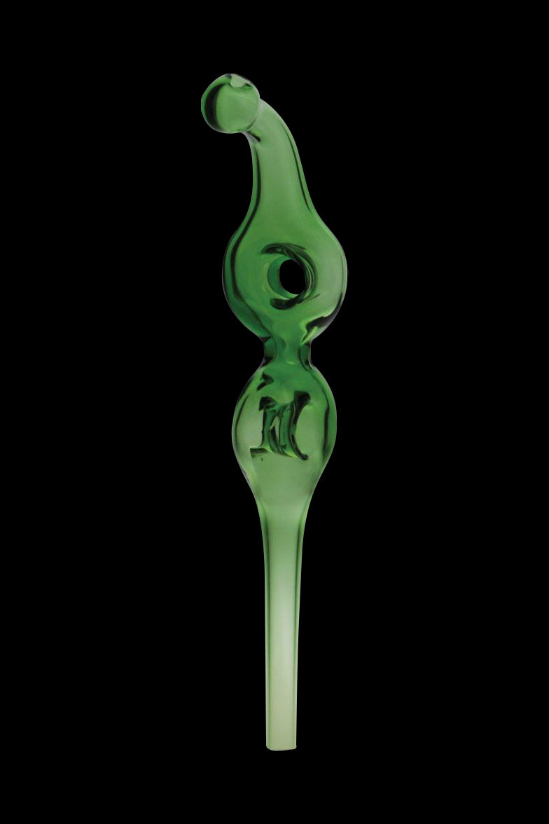Green glass oil rig dab straw with intricate design.