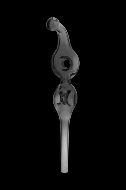 Clear glass oil rig dab nail with intricate design against a black background.