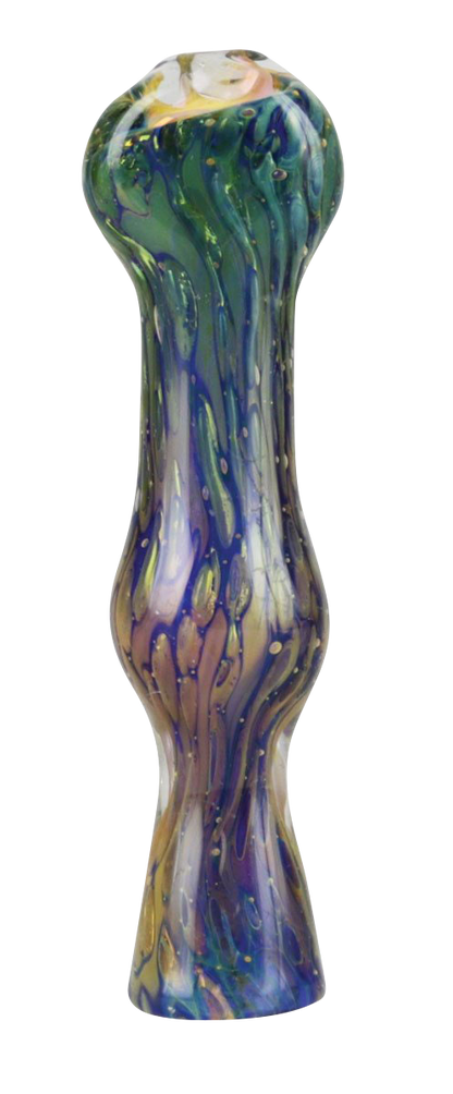 A close-up, angled view of the Double Glass Fumed Chillum Pipe, showing the textured glass and unique shape.