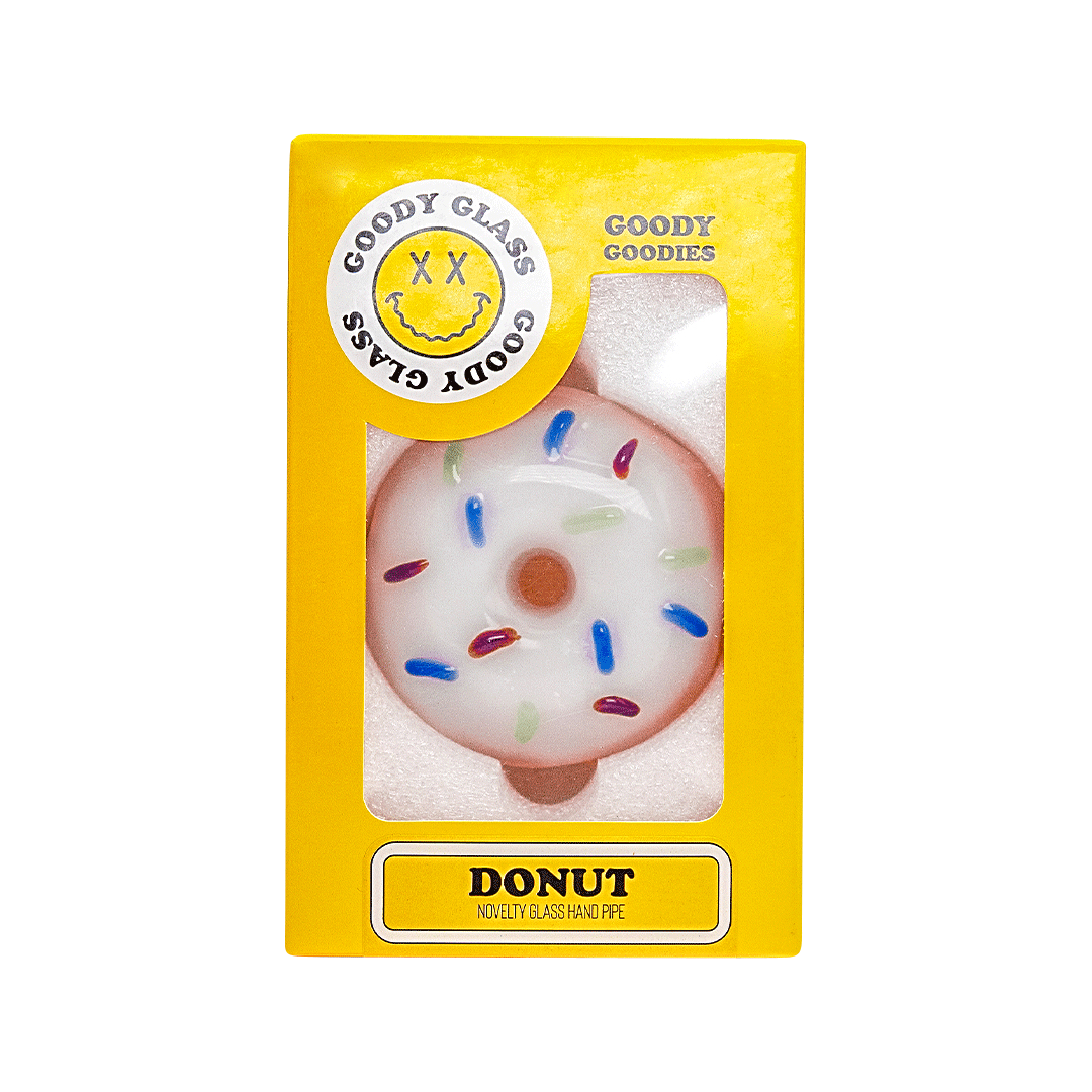 Front view of the Goody Donut Hand Pipe, a colorful, glazed donut-shaped glass piece against a plain yellow background.