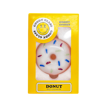 Front view of the Goody Donut Hand Pipe, a colorful, glazed donut-shaped glass piece against a plain yellow background.