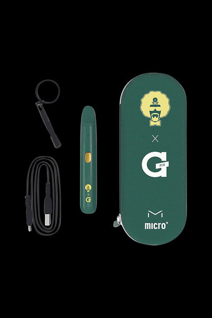 Front view of the Dr. Greenthumb's x G Pen Micro+ Concentrate Vaporizer, with a charging cable and branded packaging beside it.