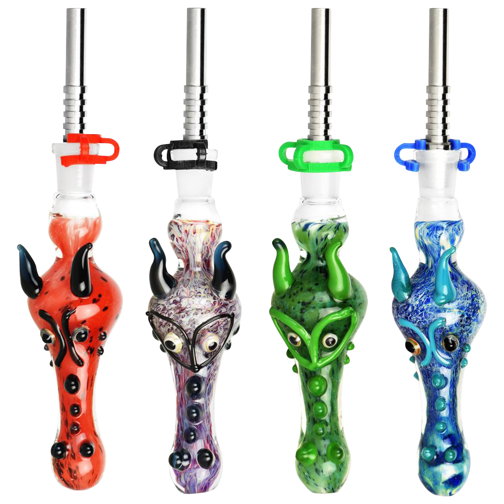 A vibrant comparison shot of the Dragon Snout Glass Vapor Straw Collector in red, clear, and blue, showcasing the unique curved designs.