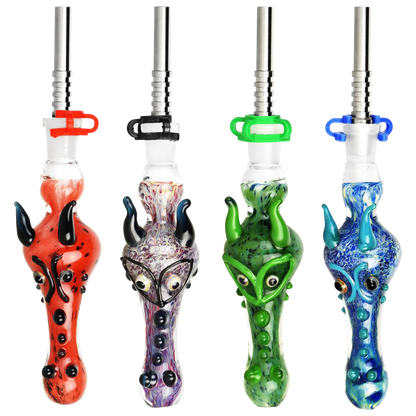 A vibrant comparison shot of the Dragon Snout Glass Vapor Straw Collector in red, clear, and blue, showcasing the unique curved designs.