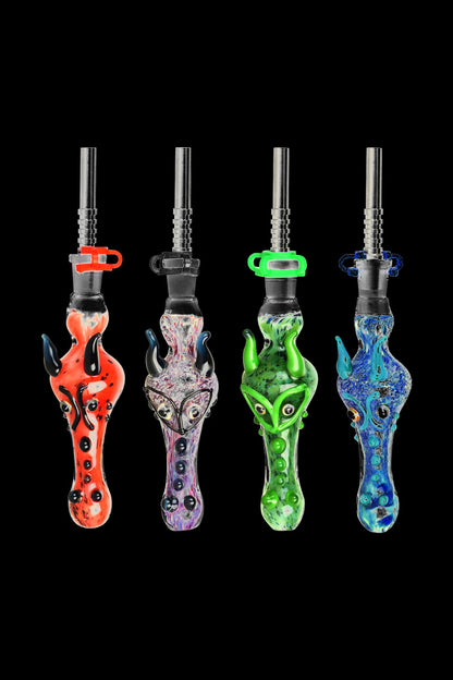 A straight-on view of the Dragon Snout Glass Vapor Straw Collector, showcasing its colorful glass design against a black background.