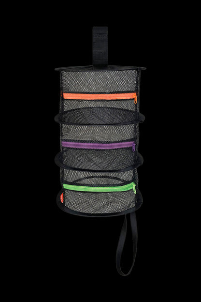 Black cannabis storage organizer with multiple zippered, colorful pouches.