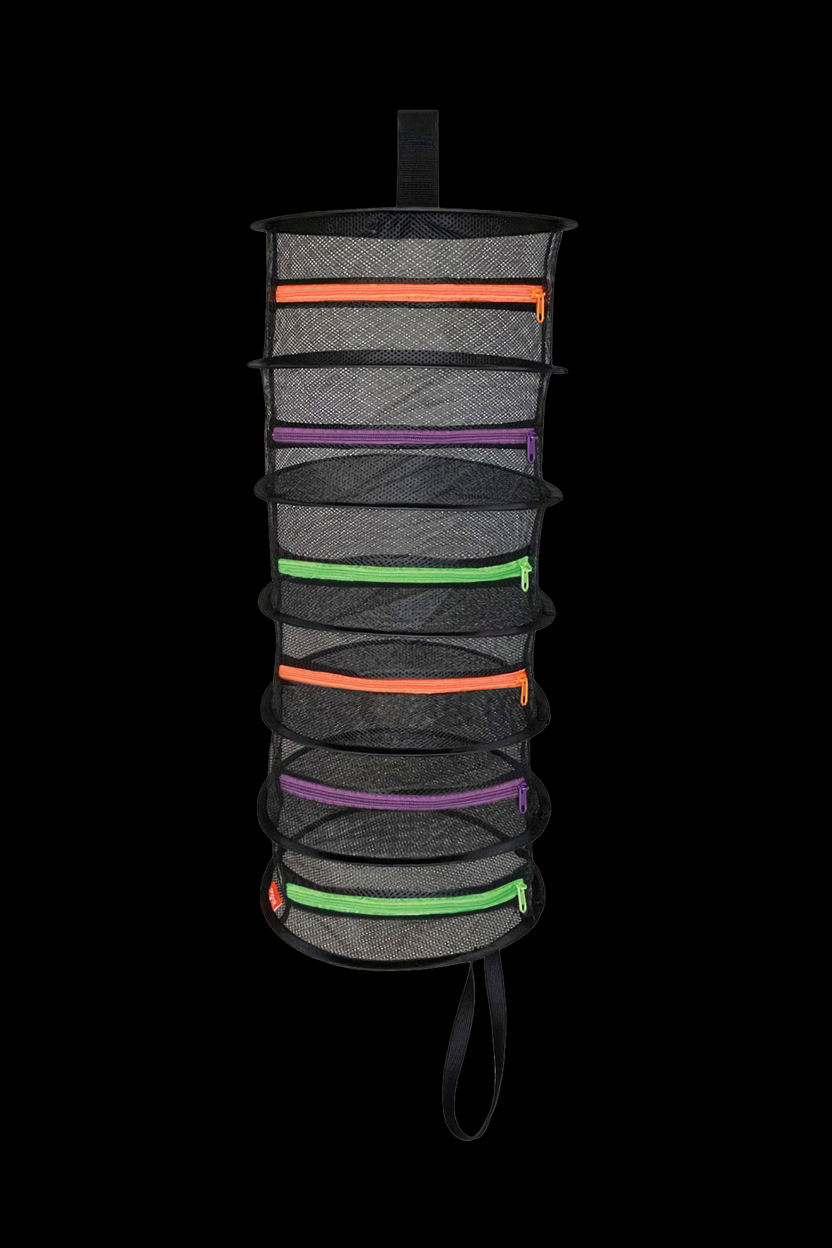 Black cannabis accessories roll bag with multiple zippered mesh pouches.