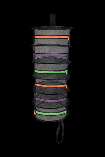 Black cannabis accessories roll bag with multiple zippered mesh pouches.