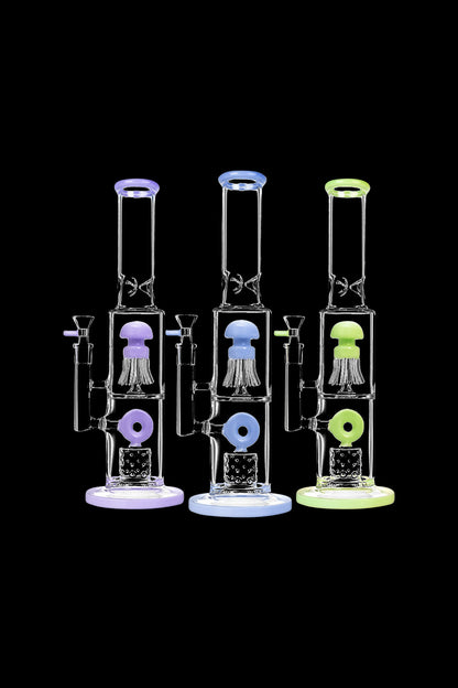 Front view of the Dual Chamber Jellyfish Perc Water Pipe, a tall glass piece with a curved design on a black background.