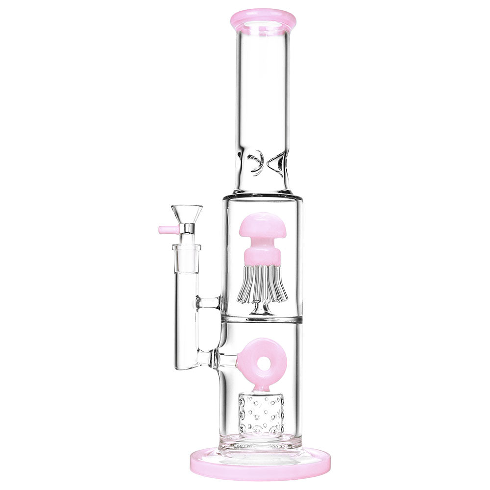 A front view of the Dual Chamber Jellyfish Perc Water Pipe, showcasing its clear glass construction and jellyfish-shaped perc diffuser.