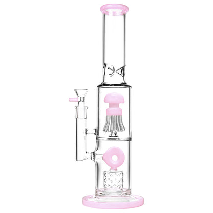 A front view of the Dual Chamber Jellyfish Perc Water Pipe, showcasing its clear glass construction and jellyfish-shaped perc diffuser.