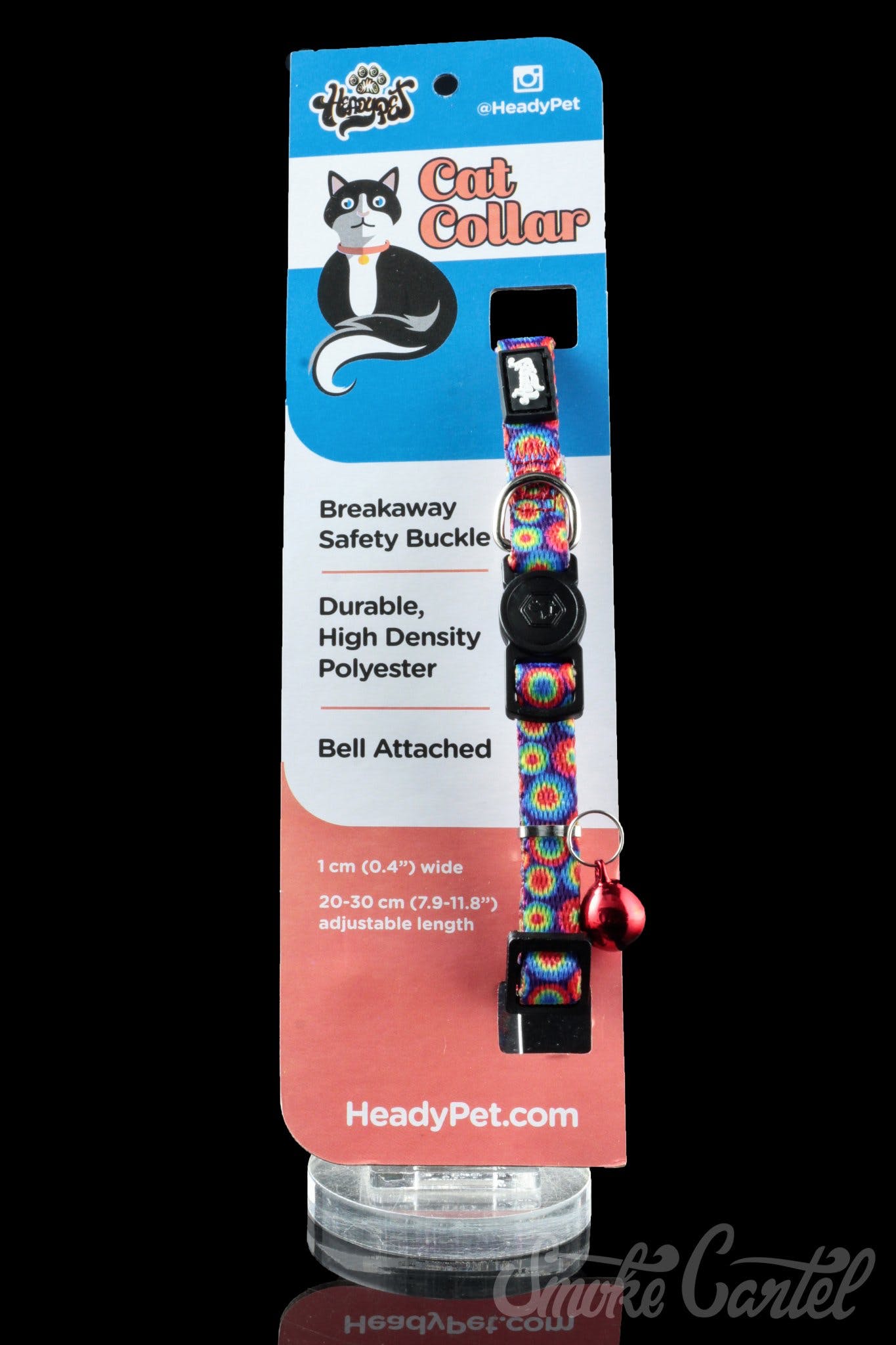 Front view of the HeadyPet Cat Collar, a colorful, patterned collar with a visible buckle, against a neutral background.
