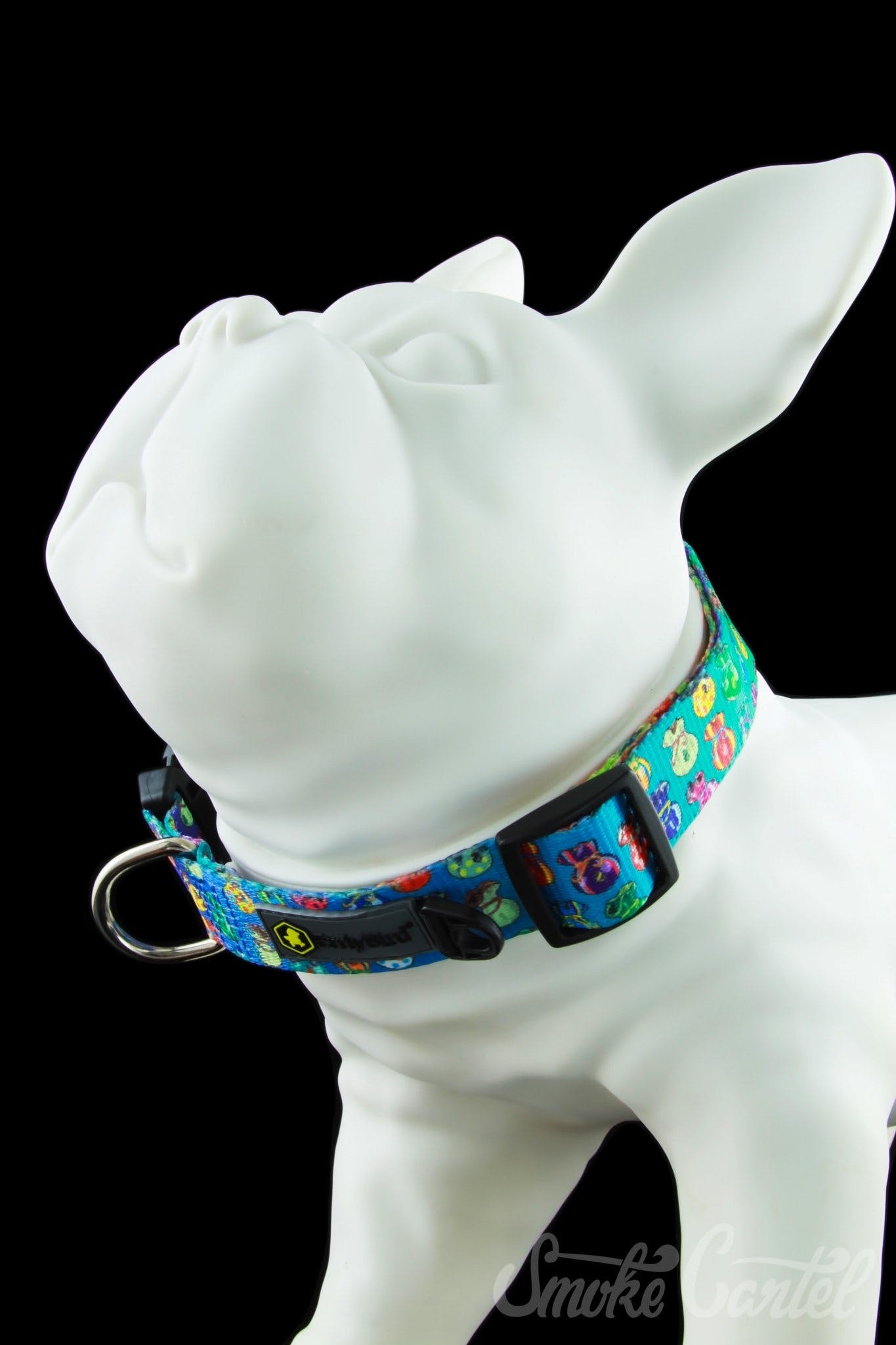 Close-up of the HeadyPet OG Collar, a patterned dog collar with a black buckle and metal D-ring.
