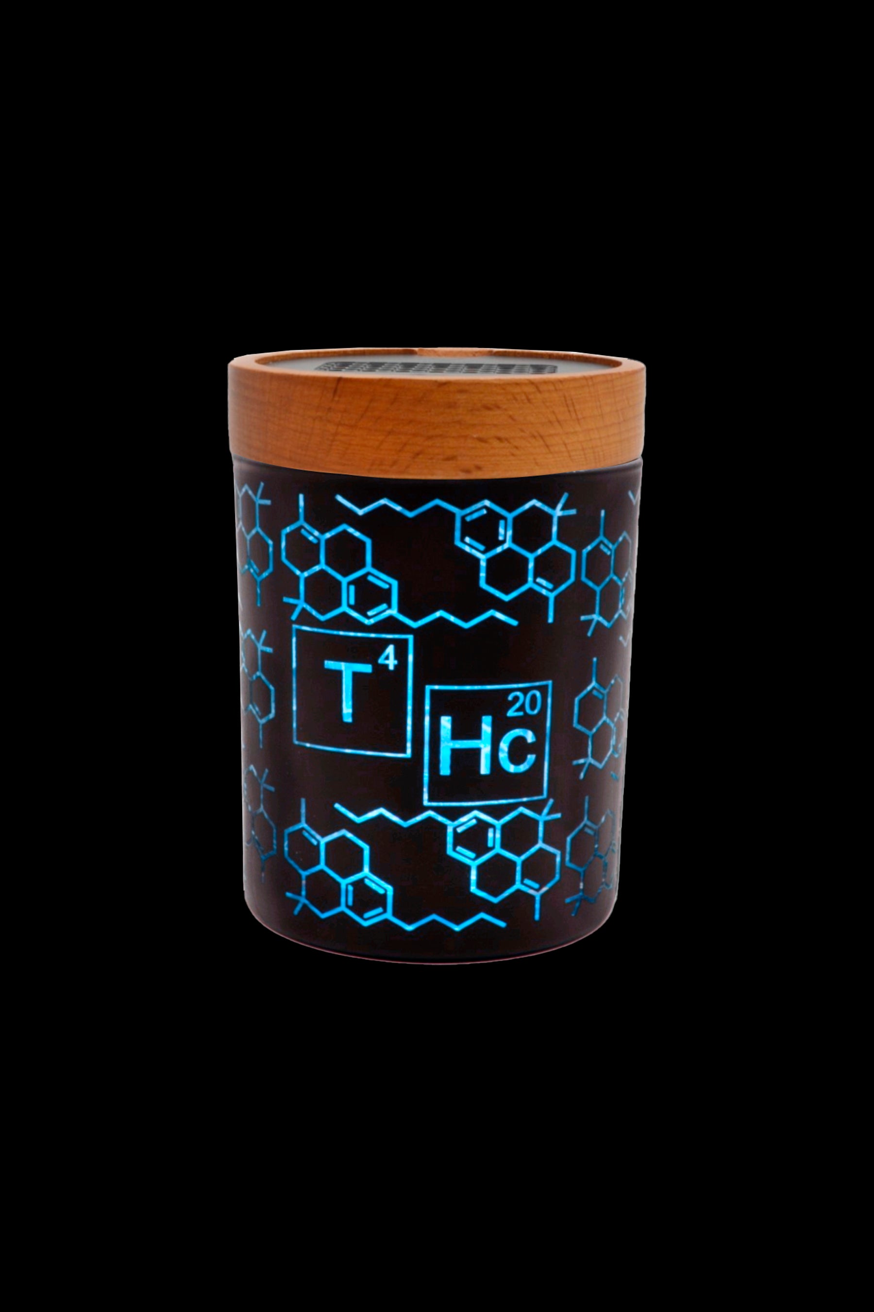 A cylindrical cannabis storage container with a glowing blue THC molecular structure design on a black background, topped with a wooden lid.