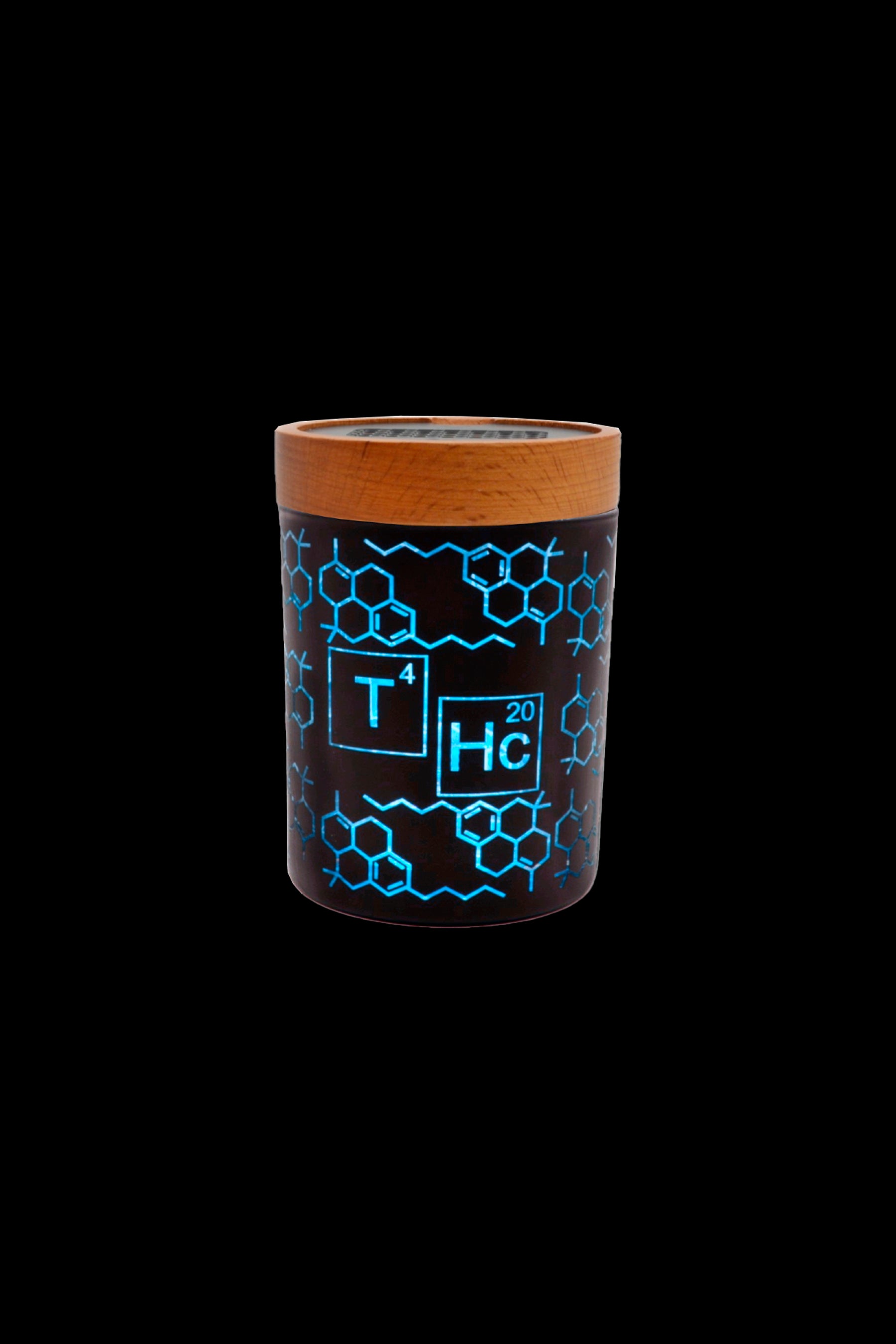 Black cannabis accessory container with a glowing blue THC molecular structure design and a wooden lid, isolated on a black background.