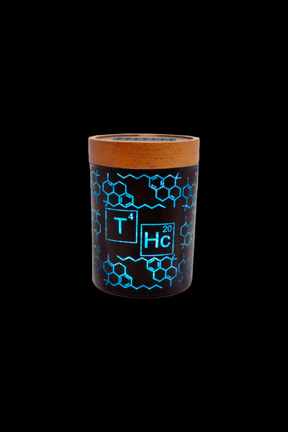 Black cannabis accessory container with a glowing blue THC molecular structure design and a wooden lid, isolated on a black background.