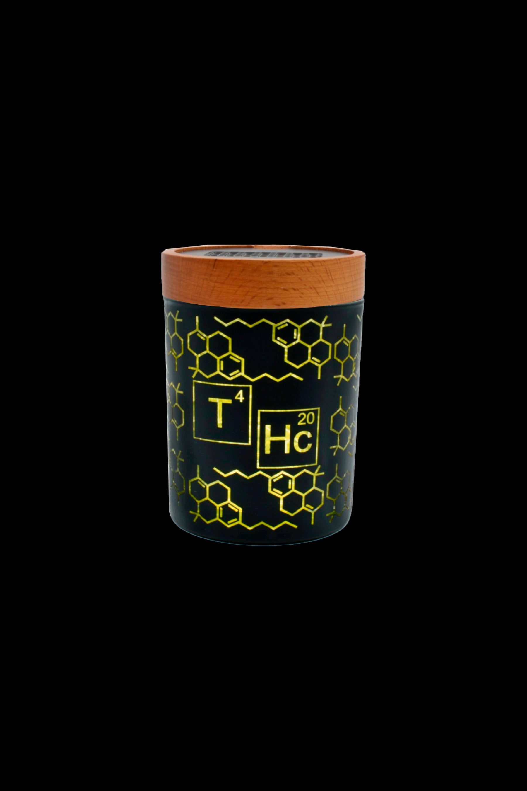 Green glass smoking piece with THC molecular structure design and wooden top.