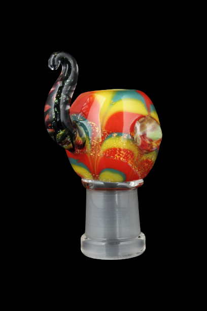 Front view of the Empire Glassworks Female Bowl - Rainbow, a colorful glass piece with a rounded shape and visible joint.