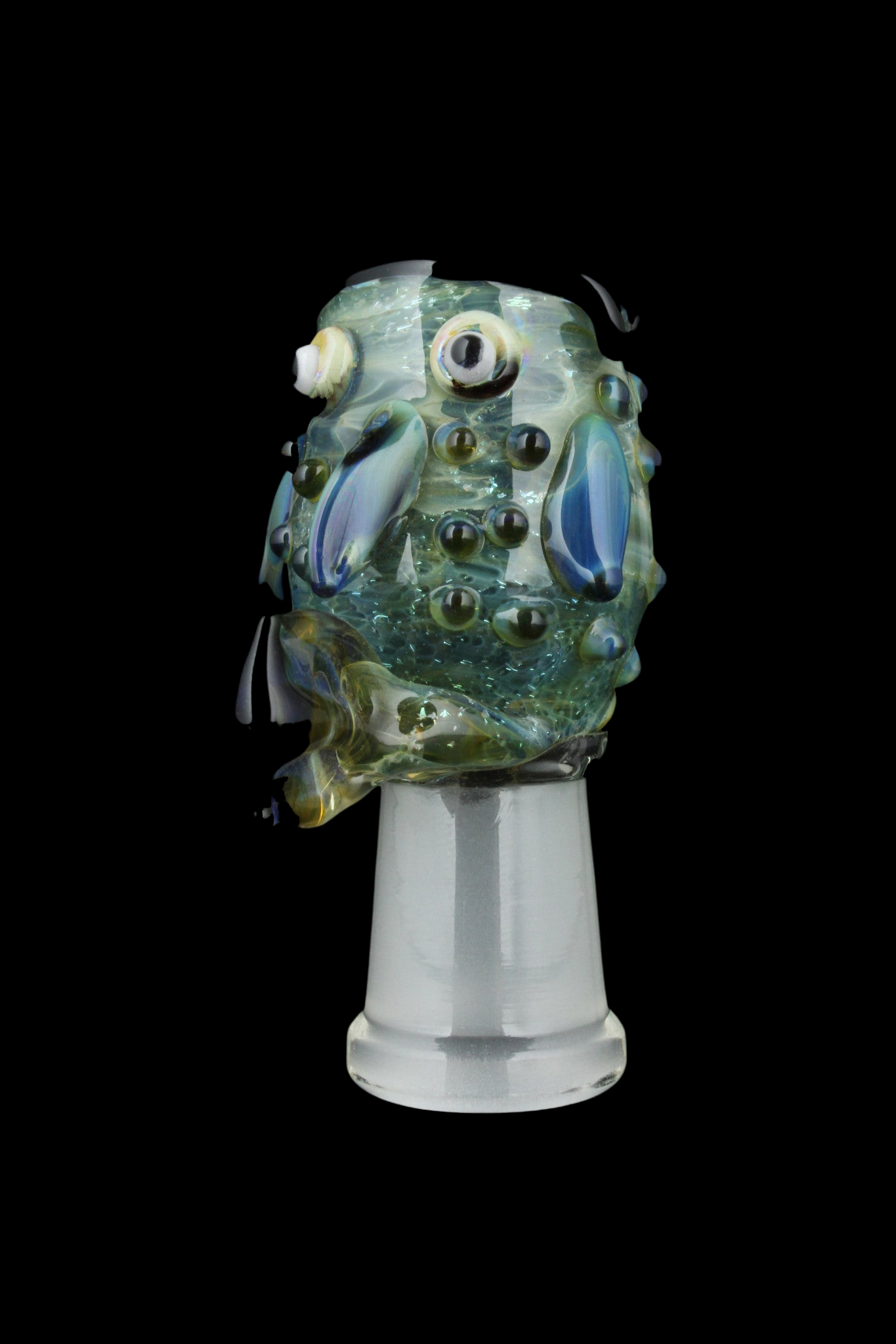 The Empire Glassworks Worked Fish Dome displays colorful glass bubbles and swirls in a front-facing, close-up view.