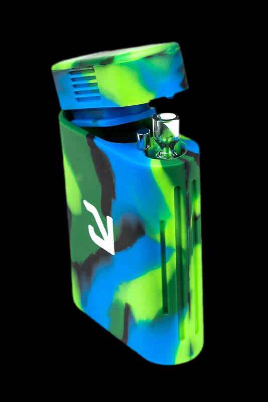 Colorful silicone dab torch with open cap, revealing glass tip.