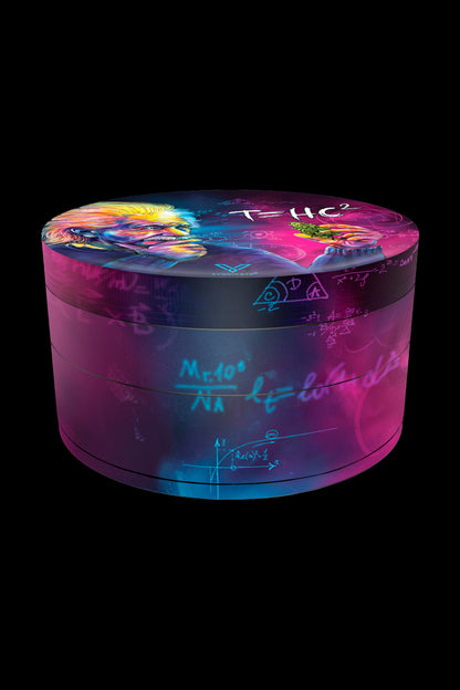 A vibrant, four-layer cannabis grinder with a psychedelic, science-themed design featuring equations and colorful swirls on a black background.
