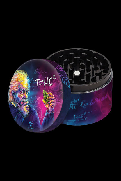 Cannabis grinder and storage container featuring a portrait of Albert Einstein with cannabis-themed equations and foliage.