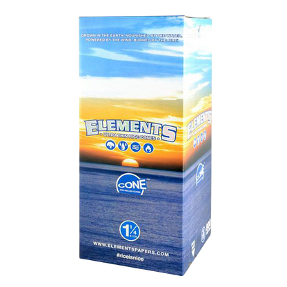 Front view of the Elements Rice 1 1/4" Pre-Rolled Cones bulk box, displaying branding on a clean, white background.