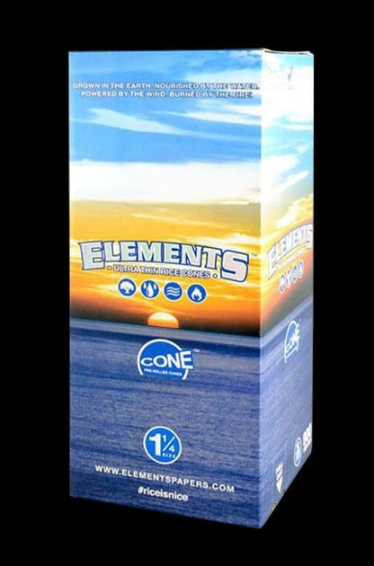 Front view of the Elements Rice 1 1/4" pre-rolled cones bulk box, displaying the brand name and colorful graphics on a dark background.