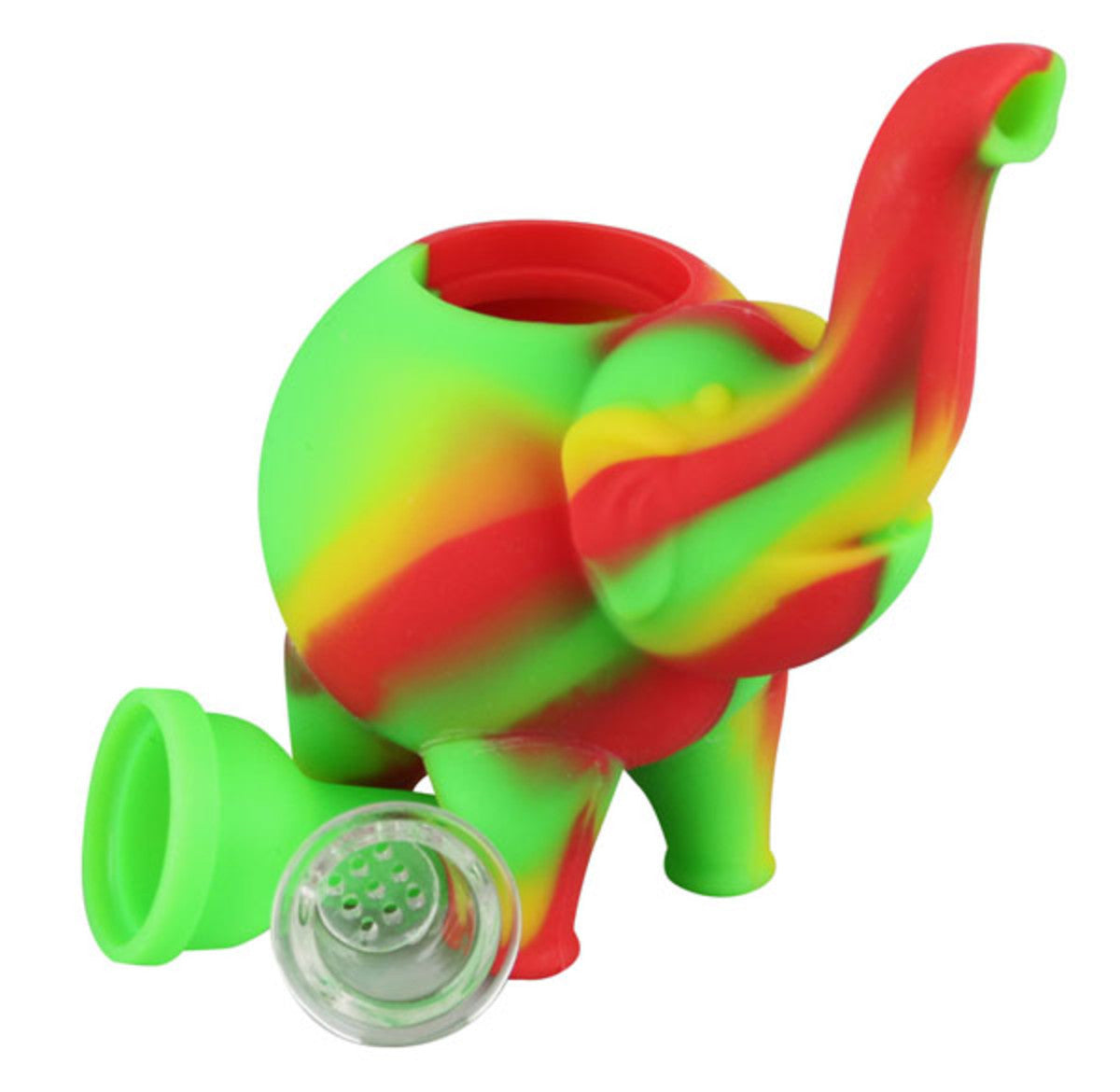 A slightly angled view of the Silicone Elephant Bubbler Pipe - Ellie, a pink bubbler pipe shaped like an elephant’s head.