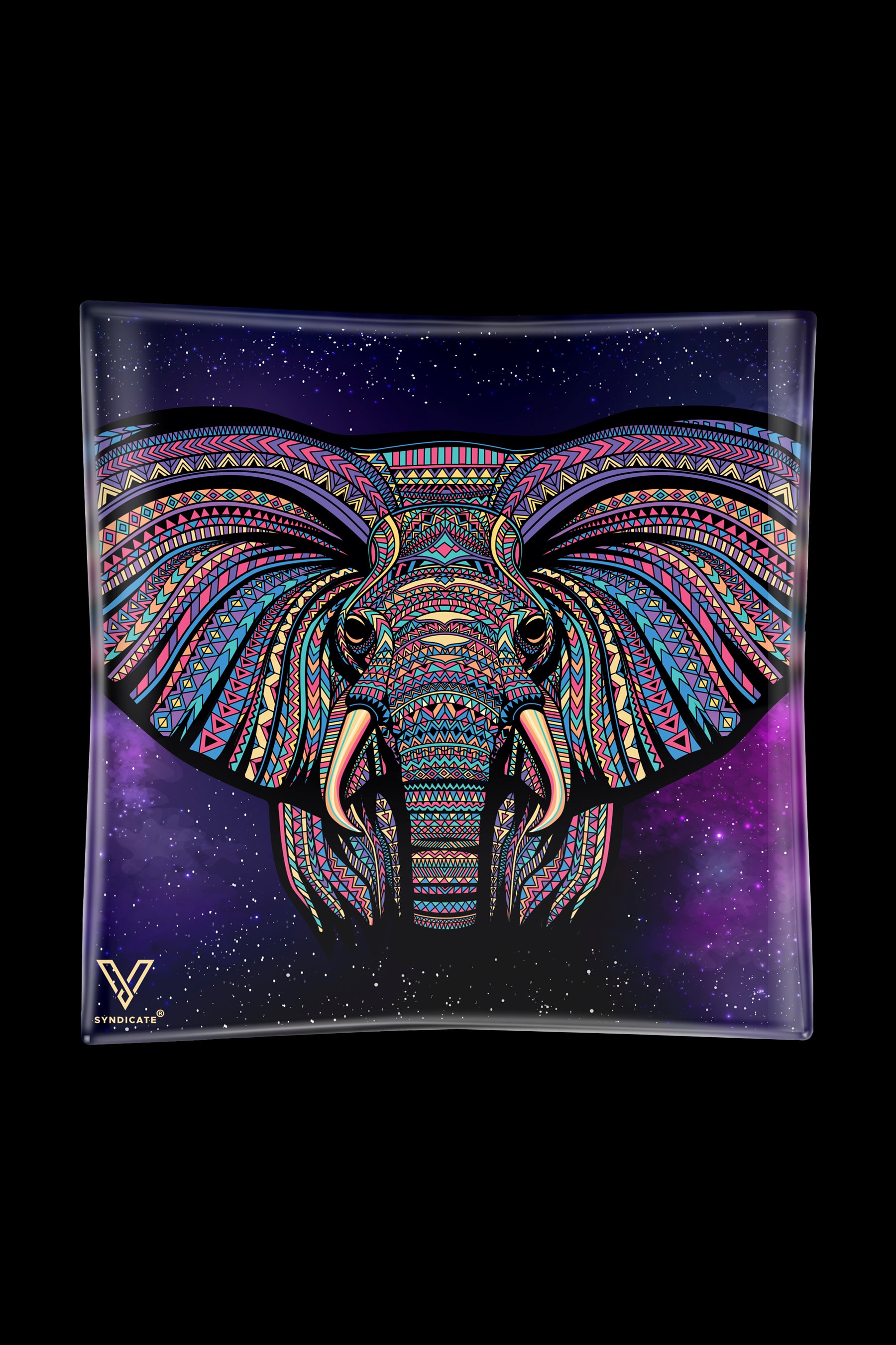 A vibrant, patterned elephant head design on a glass tray with a starry purple background, branded with a cannabis accessory company logo.