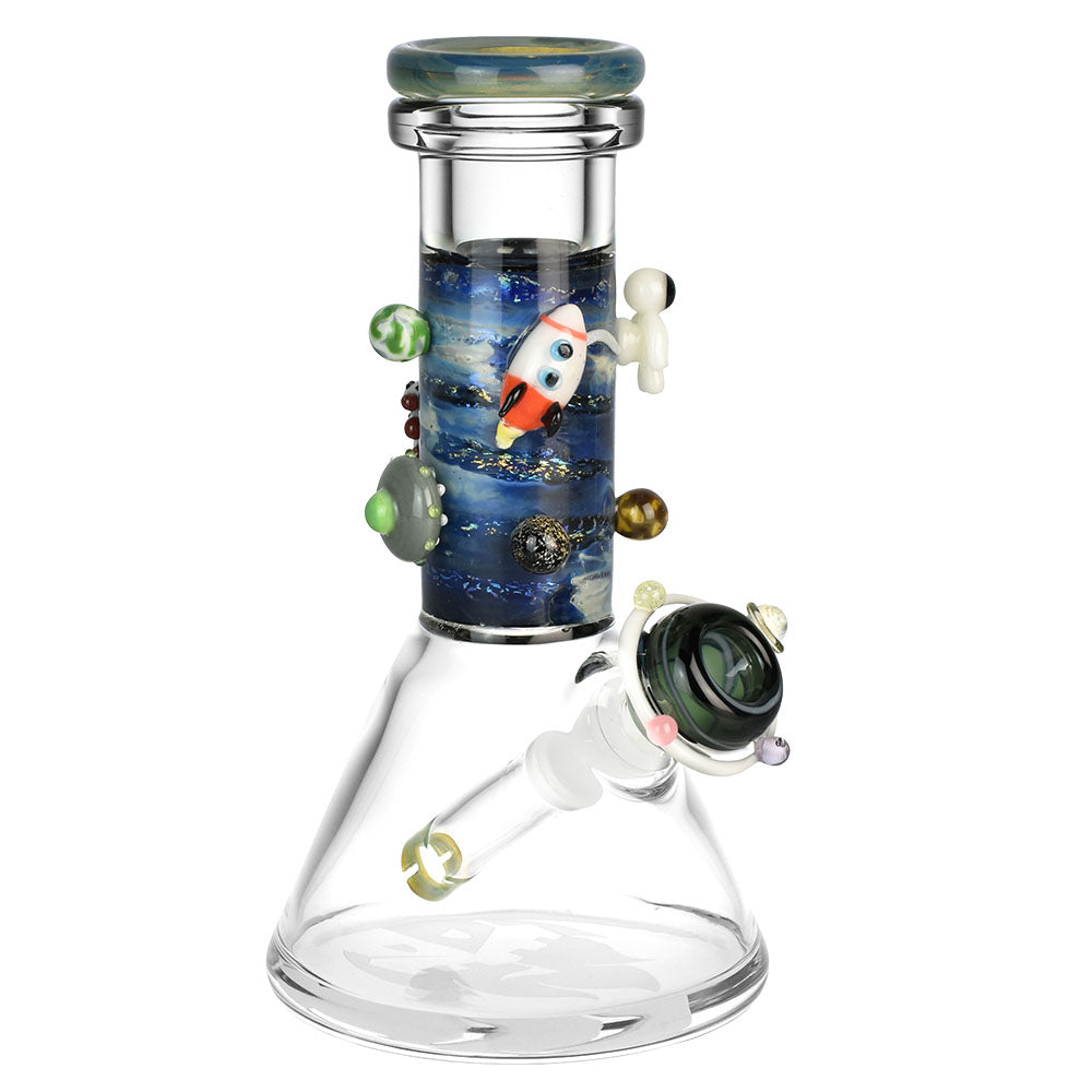 Front view of the Empire Glassworks Baby Beaker Water Pipe - Galaxy, showcasing a clear glass beaker with colorful, swirling galaxy-themed accents.