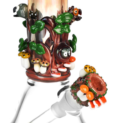 Front view of the Empire Glassworks Renew the Redwood Beaker Bong, featuring a sculpted redwood-inspired design with green and red accents.