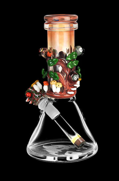 Front view of the Empire Glassworks Renew the Redwood beaker bong, showcasing a detailed redwood forest design on clear glass.