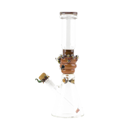 Front view of the Empire Glassworks Beaker Water Pipe - Save the Bees, showcasing a clear glass beaker with bee-themed accents.