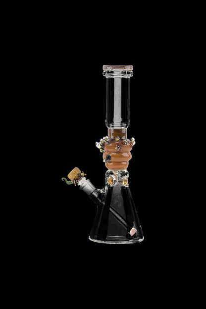 Front view of the Empire Glassworks Beaker Water Pipe - Save the Bees, showcasing a clear glass beaker with honeybee-themed accents.
