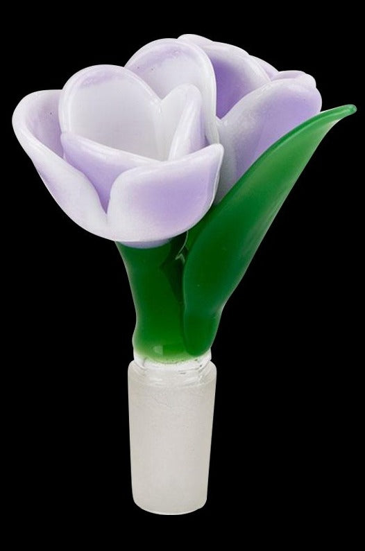 Front view of the Tulip Herb Bowl, a sculpted glass piece resembling a blooming tulip with a green stem.
