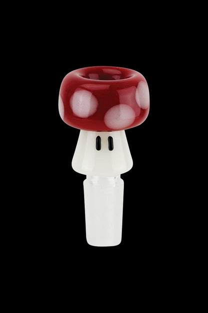 A front view of the Empire Glassworks Glow in Dark Bowl Piece - Red Mushroom, showcasing its vibrant red, mushroom-shaped design.