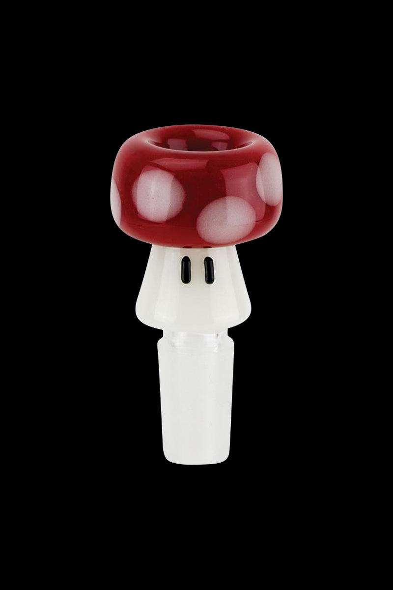 A front view of the Empire Glassworks Glow in Dark Bowl Piece - Red Mushroom, showcasing its vibrant red, mushroom-shaped design.