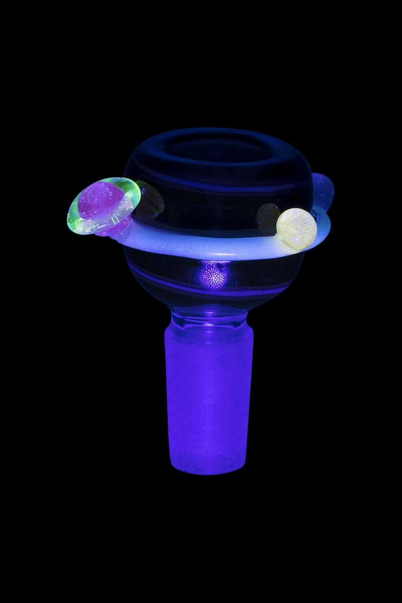 Front view of the Empire Glassworks Galactic UV Reactive & Glow Bowl, showcasing its colorful, swirling glass design and glowing accents.