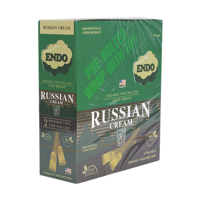 Three-quarter front view of a green box of Endo Pre-Rolled Hemp Wraps - 15 Pack 5.00% Off Auto renew showing "Russian Cream" branding, printed wooden tips and product icons.
