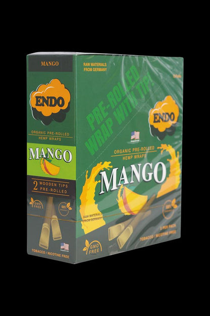 Angled three-quarter view of the green Endo Pre-Rolled Hemp Wraps - 15 Pack 5.00% Off Auto renew box showing mango graphics, wooden tips, and glossy shrink-wrap.