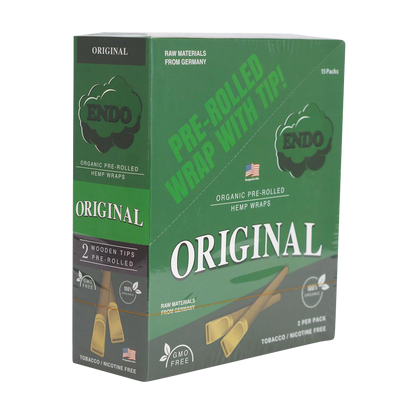 Three-quarter front view of the Endo Pre-Rolled Hemp Wraps - 15 Pack 5.00% Off Auto renew green box showing "Original" branding.