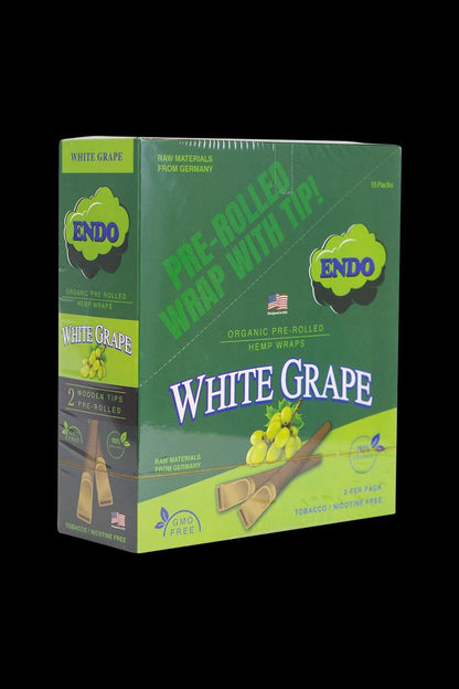 Three-quarter front view of the Endo Pre-Rolled Hemp Wraps - 15 Pack 5.00% Off Auto renew White Grape box against a black background.