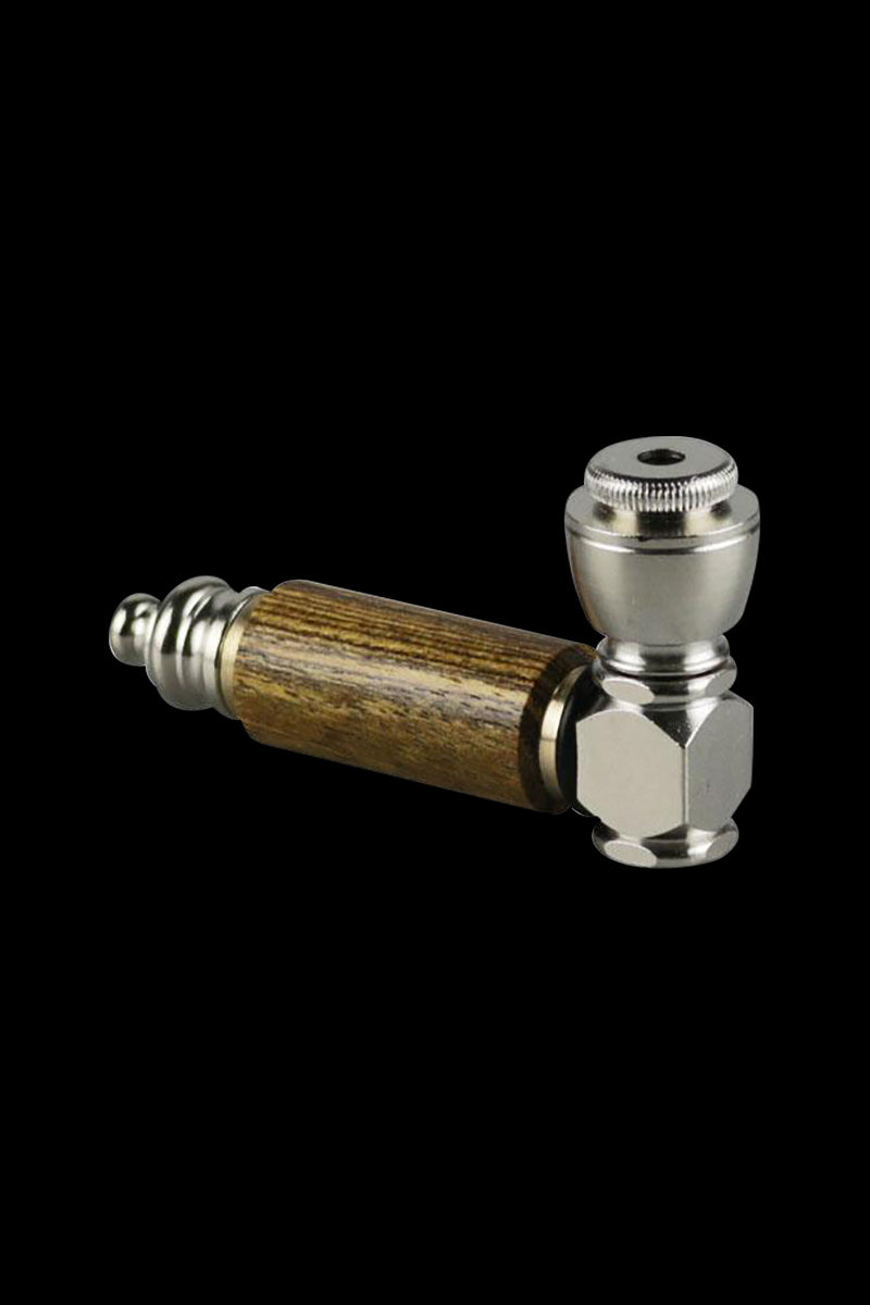 A close-up, angled view of the Exotic Wood & Stainless Steel Hand Pipe, featuring a dark wood grip and polished metal accents.