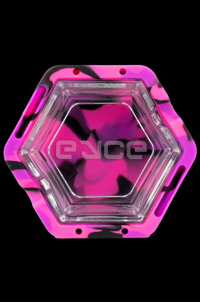 Pink silicone dab rig with hexagonal shape and "ence" logo.