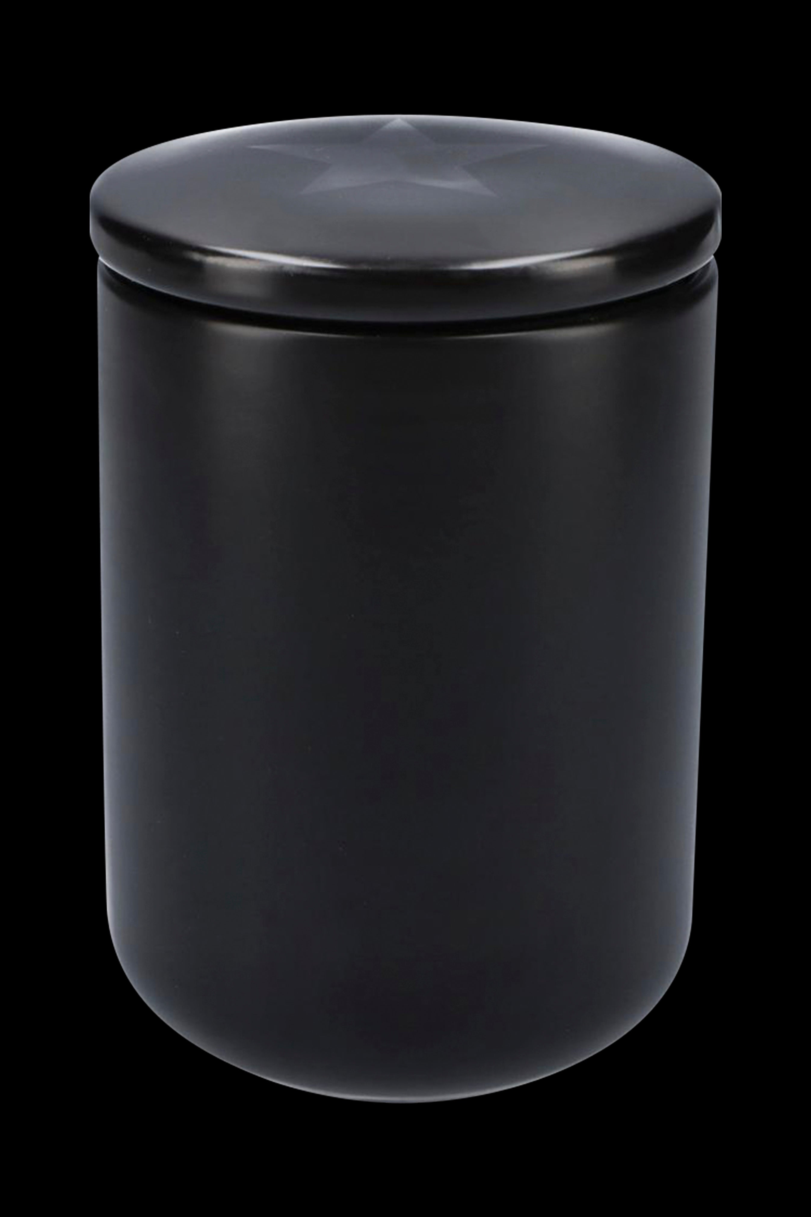 Black cannabis storage jar with airtight lid.